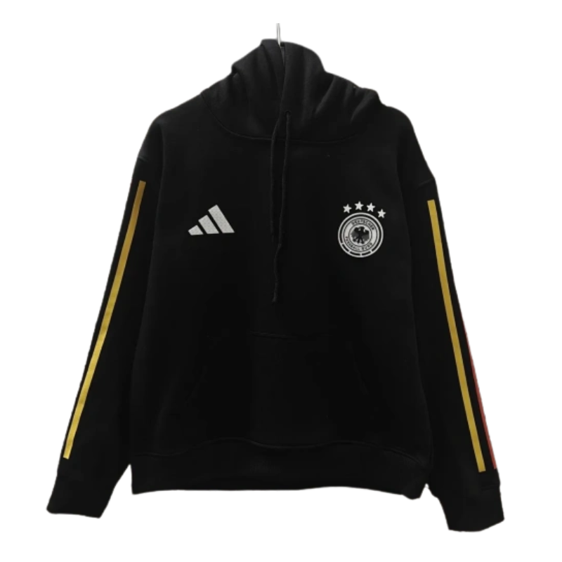The 2026/27 Team Hoodie - Black/Yellow combines national-team style with a comfortable everyday silhouette. A black hoodie with clean yellow sleeve stripes and light chest branding. The high-contrast finish creates a sleek alternative colorway with a strong training-wear aesthetic.