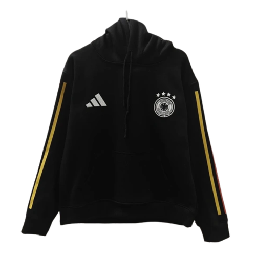 The 2026/27 Team Hoodie - Black/Yellow combines national-team style with a comfortable everyday silhouette. A black hoodie with clean yellow sleeve stripes and light chest branding. The high-contrast finish creates a sleek alternative colorway with a strong training-wear aesthetic.